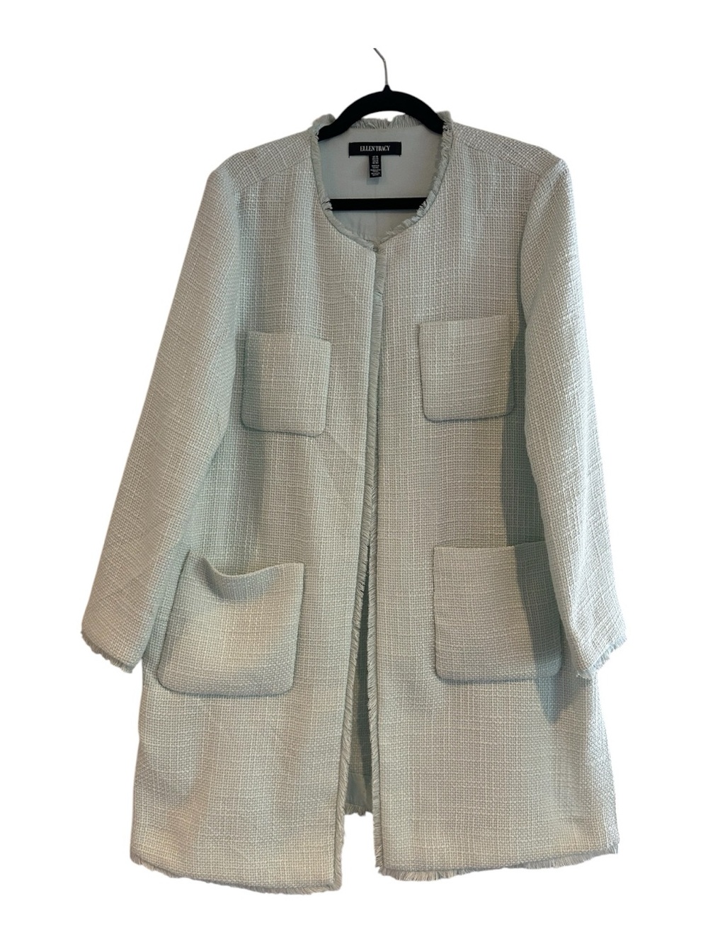 Ellen Tracy Light Mint Bouclé Collarless Long Jacket Size 14